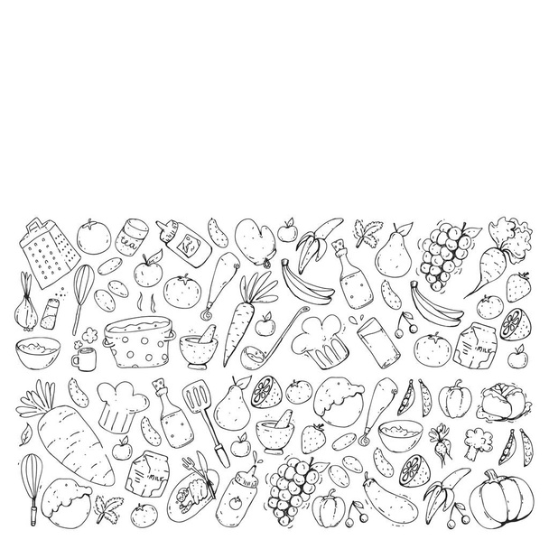 Healthy food and cooking. Fruits, vegetables, household. Doodle vector set. - Vettoriali, immagini