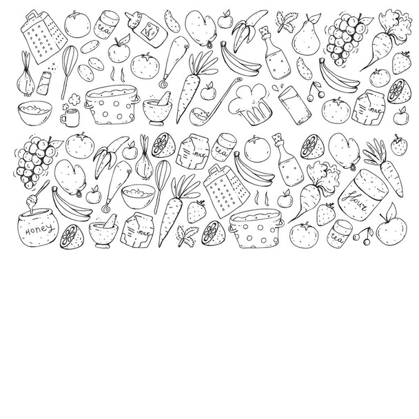 Healthy food and cooking. Fruits, vegetables, household. Doodle vector set. - Vector, Imagen