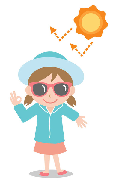 Συμβουλές για την ασφάλεια του ήλιου κορίτσι εικονογράφηση. Αντηλιακά προϊόντα, καπέλα, γυαλιά ηλίου, σκιά, αντηλιακό, και ρουχισμός βοηθούν στην προστασία από τις ακτίνες UV  - Διάνυσμα, εικόνα