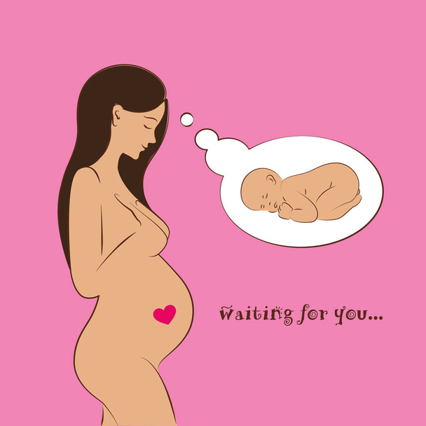 赤ちゃんを待っているブルネットの妊娠中の女性 - ベクター画像