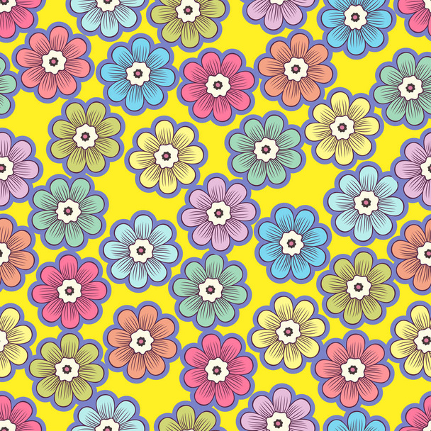 Doodle λουλούδια αδιάλειπτη μοτίβο, πολύχρωμα λουλούδια φόντο. Πολύχρωμα με μωβ μπουμπούκια εγκεφαλικό επεισόδιο σε κίτρινο φόντο, χέρι σχέδιο, στολίδι για το σχεδιασμό του υφάσματος, ταπετσαρία, εκτύπωση. Εικονογράφηση διανύσματος - Φωτογραφία, εικόνα