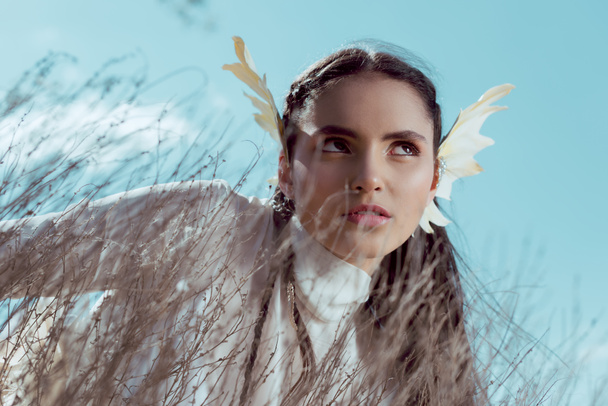 vista de ángulo bajo de la mujer elegante en traje de cisne blanco de pie cerca de arbusto seco, mirando hacia otro lado
 - Foto, Imagen