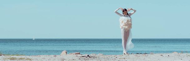 Blick auf eine elegante Frau im weißen Schwanenkostüm, die am Sandstrand steht - Foto, Bild