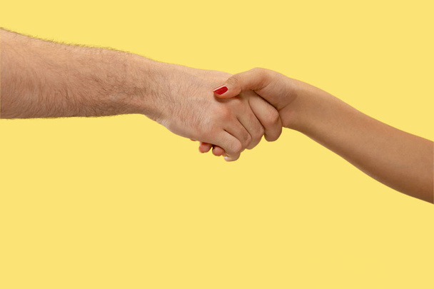 Closeup shot of human holding hands isolated on yellow studio background. - Foto, Bild