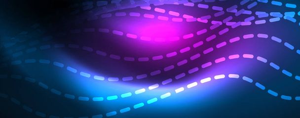 Mavi Neon renkli ışık arka planda pürüzsüz dalga hatları. Karanlık, parlak hareket, sihirli uzay ışık üzerinde parlayan soyut dalga - Vektör, Görsel