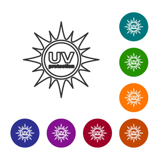 Icono de línea de protección UV gris aislado sobre fondo blanco. Radiación ultravioleta. Señal solar SPF. Ilustración vectorial
 - Vector, Imagen