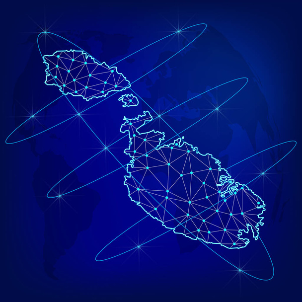 Globalna koncepcja sieci logistycznej. Mapa sieci komunikacyjnej Malta na tle świata. Mapa Malty z węzłami w stylu wielokątnym. Ilustracja wektorowa Eps10.  - Wektor, obraz