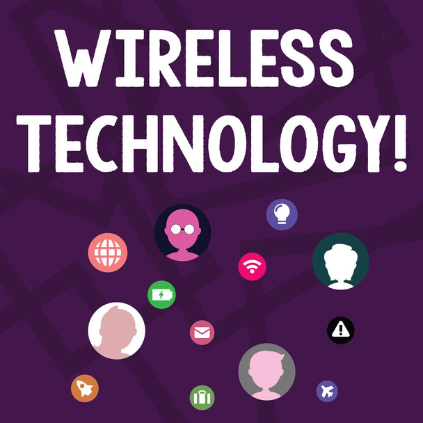 Text sign showing Wireless Technology. Conceptual photo a technology that allows wireless communication Networking Technical Icons with Chat Heads Scattered on Screen for Link Up. - Photo, Image