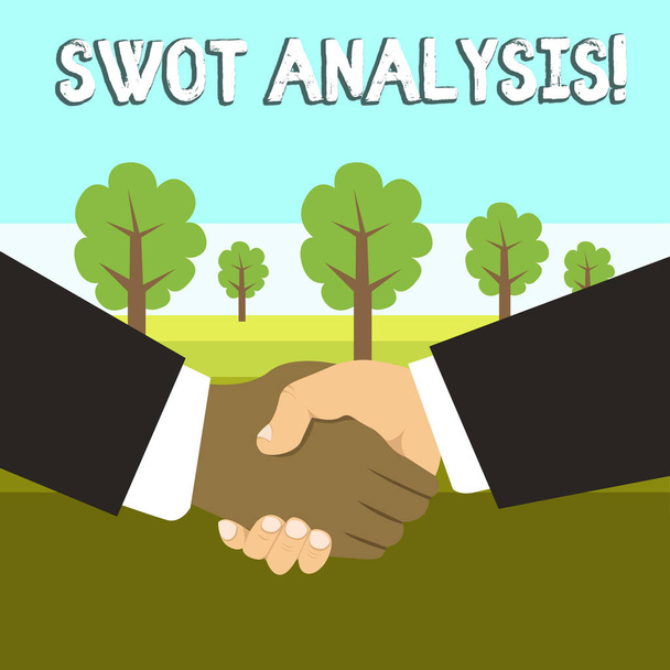 Conceptual hand writing showing Swot Analysis. Business photo showcasing framework used to evaluate a company s is competitive position Hand Shake Multiracial Male Business Partners Formal Suits. - Photo, Image