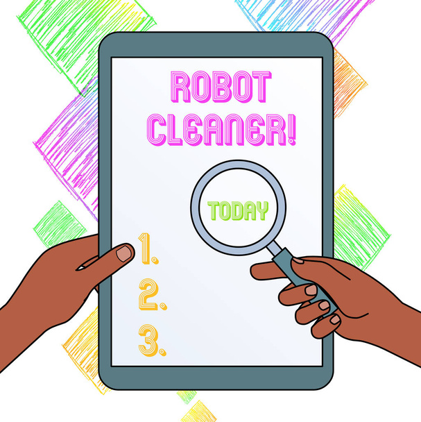 ロボット掃除機を示すメモを書く。インテリジェントなプログラミングと限られた真空洗浄システムを紹介するビジネス写真手は、タッチスクリーンタブレットに対する拡大ガラスを保持. - 写真・画像