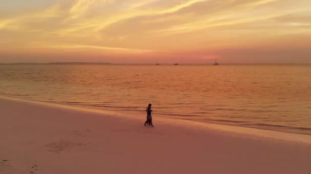 Aerial slow motion: couple on vacation walking on exotic beach romantic dramatic sky at sunset Pasir Panjang Kei Islands Indonesia Moluccas Maluku Indonesia, traveling people couple relationship - Footage, Video