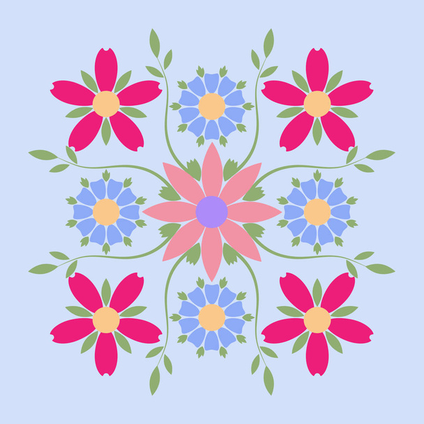Decorative emblem of multi-colored flowers symmetric composition. Business identity for for boutique, organic cosmetics or flower shop. - ベクター画像