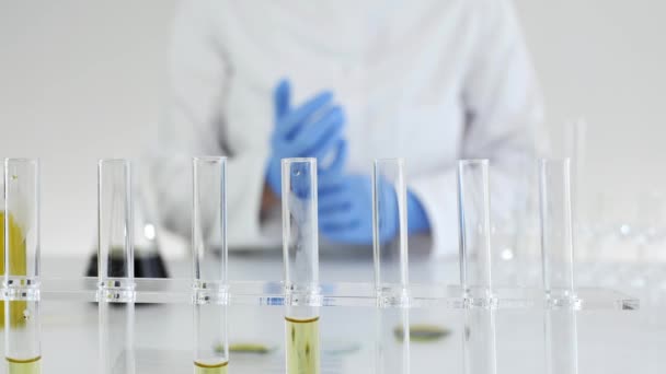 Femme scientifique dans un laboratoire travaillant avec de l'huile de CBD extraite d'une plante de marijuana. Elle met des gants bleus pour l'expérience
. - Séquence, vidéo