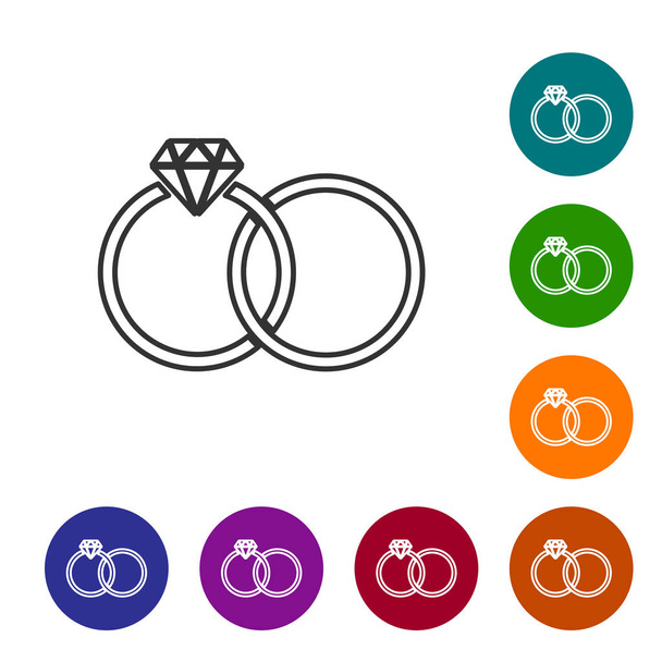 Grijze trouwringen lijn icoon geïsoleerd op witte achtergrond. Bruid en bruidegom sieraden teken. Huwelijk pictogram. Diamantring. Vector illustratie - Vector, afbeelding