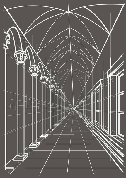 Arcada lineal de bocetos arquitectónicos sobre fondo gris
 - Vector, Imagen