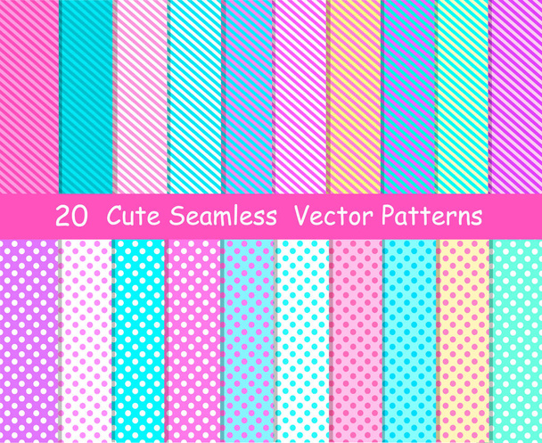 Seamless vector patterns in lol doll surprise style. Endless backgrounds with stripes and polka dots - Vector, Image