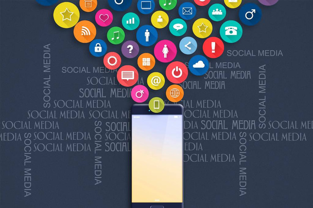 Concept Médias sociaux. Icônes sociales volent à partir d'un téléphone mobile. Contexte des médias sociaux
. - Photo, image