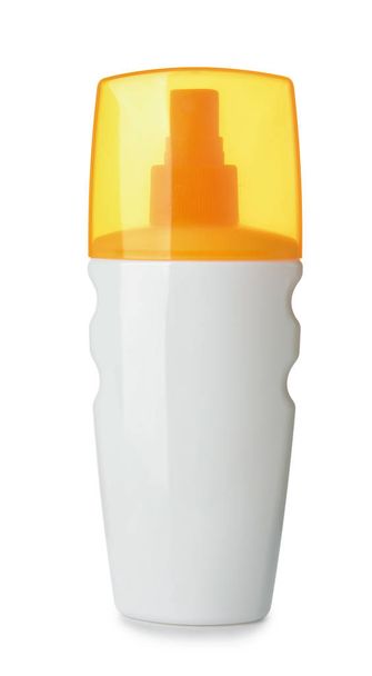 Botella de crema de protección solar sobre fondo blanco
 - Foto, imagen