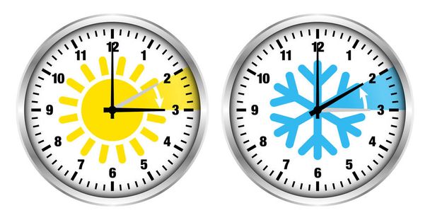 Ezüst órák nyári idő és téli idő ikonok és számok - Vektor, kép