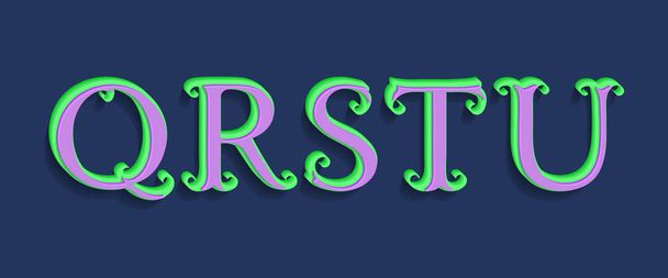 Q, R, S, T, U зеленые фиолетовые объемные буквы. Винтажный 3d шрифт
. - Вектор,изображение