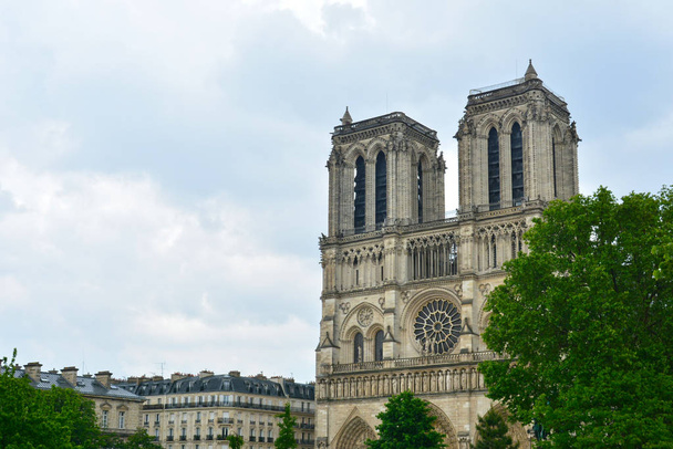 Legendární Pařížská katedrála Notre Dame. Krásná Pařížská anašína. Velkolepý orientační bod po ničivé palbě. Paříž, Francie - Fotografie, Obrázek
