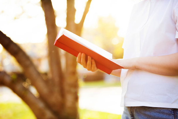 Holding a red book over sunny background - Foto, Imagen