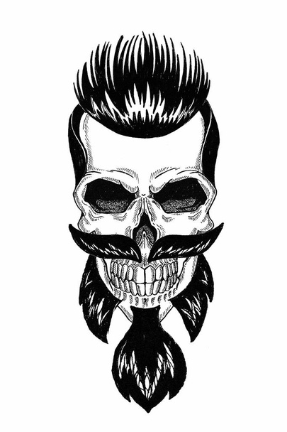 Monochrome illustration barbershop of skull with beard, mustache, hipster haircut and on white background, cartoon, angry, beautiful, brutal. - Foto, Imagem