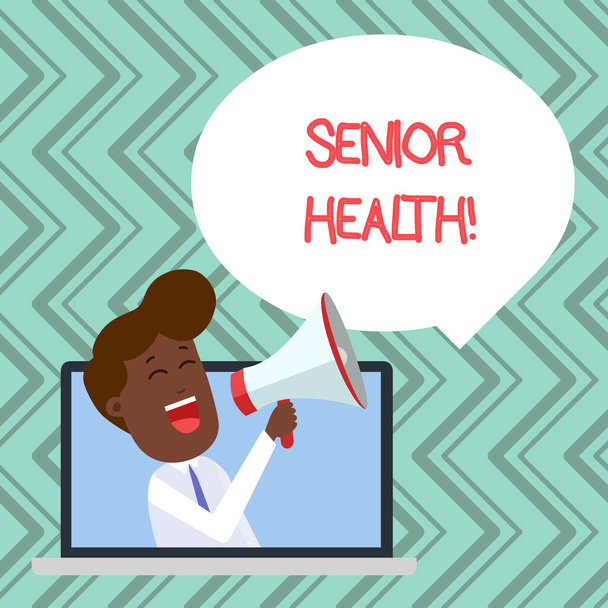 Word writing text Senior Health. Business concept for refers to physical and mental conditions of senior citizens Man Speaking Through Laptop into Loudhailer Blank Speech Bubble Announce. - Photo, Image