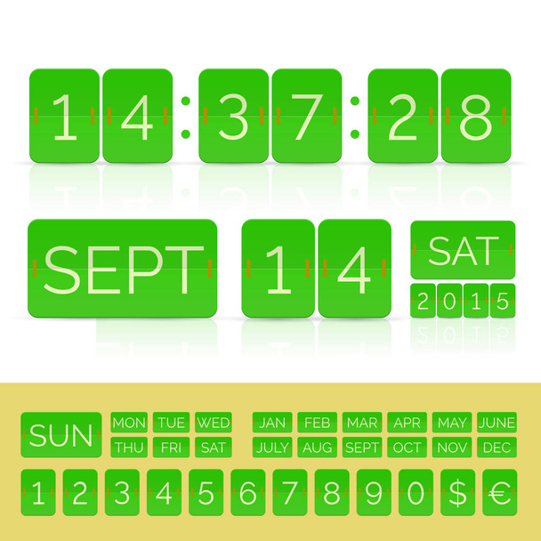 grüner flacher Countdown-Timer mit isolierten Nummern - Vektor, Bild