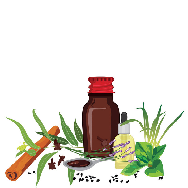 Μπουκάλια σιρόπι για το φάρμακο και ένα σταγονόμετρο και ιατρικά βότανα - Διάνυσμα, εικόνα