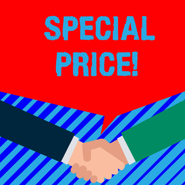 Word writing text Special Price. Business concept for selling at a price that is lower than usual Discounted Two persons have bubbly conversation while greet each other and shake hands. - 写真・画像