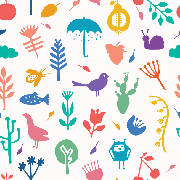 Nature cut out shapes. Vector pattern seamless background. Hand paper cutting animals,plants matisse style. Collage graphic illustration. - Vector, Image