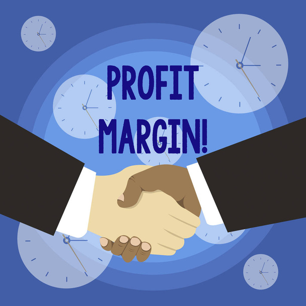 Conceptual hand writing showing Profit Margin. Business photo text amount by which revenue from sales exceeds costs in a business Hand Shake Multiracial Male Business Partners Formal Suits. - Photo, Image