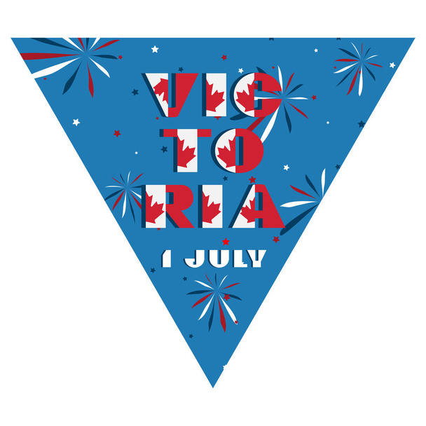 Happy Canada day holyday triangular flag for planar festivals Tipografía moderna con bandera nacional de color rojo y blanco sobre fondo azul fuegos artificiales. Texto 1 julio Victoria
 - Vector, Imagen