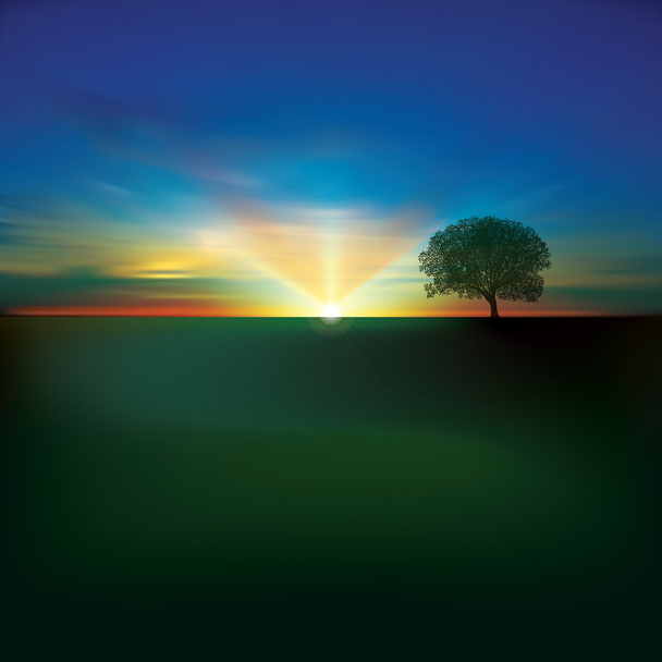 fondo abstracto con nubes árbol y amanecer
 - Vector, Imagen