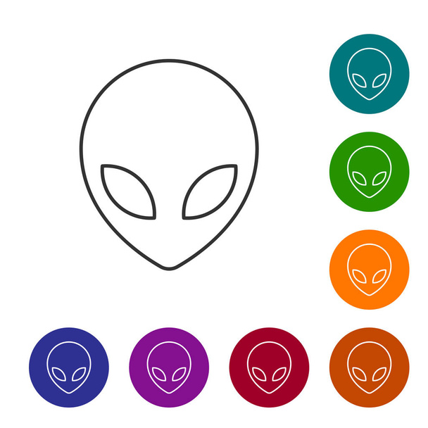 graue Alien-Linie Symbol isoliert auf weißem Hintergrund. Außerirdisches Alien-Gesicht oder Kopf-Symbol. setzen Sie das Symbol in den Schaltflächen des Farbkreises. Vektorillustration - Vektor, Bild