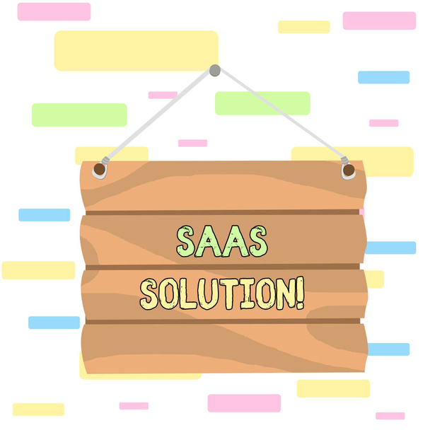 Writing note showing Saas Solution. Business photo showcasing software delivery method that provides access to software Hook Up Blank Sign Plate. Empty Wooden Signboard with Lope for Hang. - Photo, Image