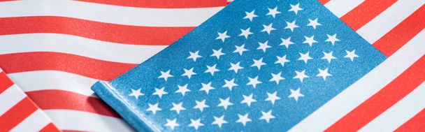 close up view of national colorful american flags in pile, panoramic shot - Photo, Image