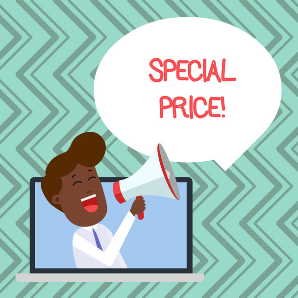 Word writing text Special Price. Business concept for selling at a price that is lower than usual Discounted Man Speaking Through Laptop into Loudhailer Blank Speech Bubble Announce. - Photo, Image