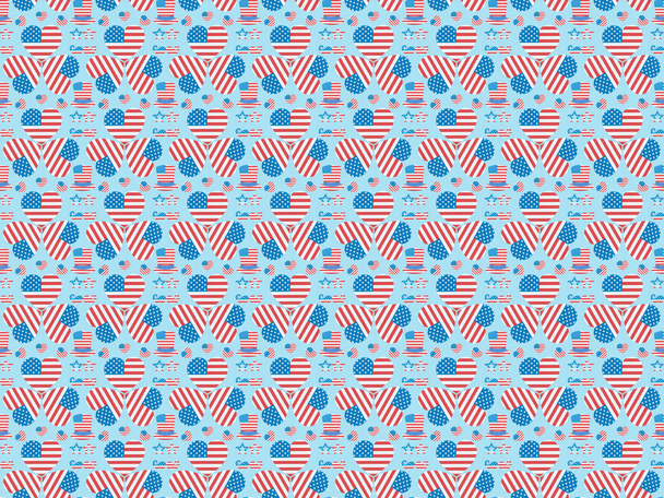 seamless background pattern with mustache, glasses, hats and hearts made of national american flags on blue  - Foto, afbeelding