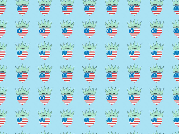 seamless background pattern with hearts made of us national flags and crowns on blue, Independence Day concept - Фото, изображение