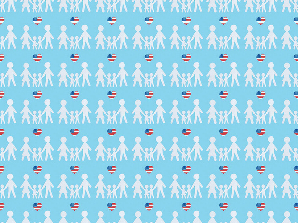 nahtlose Hintergrundmuster mit Herzen aus uns Fahnen und weißen Papierschnitten Familien auf blau, Unabhängigkeitstag Konzept - Foto, Bild