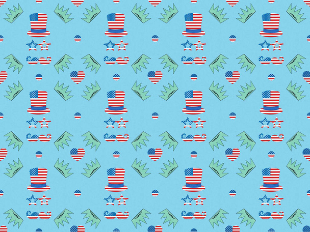 seamless background pattern with mustache, hats and glasses made of us flags and crowns on blue, Independence Day concept - Photo, Image