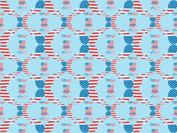 seamless background pattern with mustache, glasses and hats made of american national flags on blue  - Фото, зображення