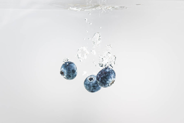 Three Organic Blueberries dropped into clear water. - 写真・画像