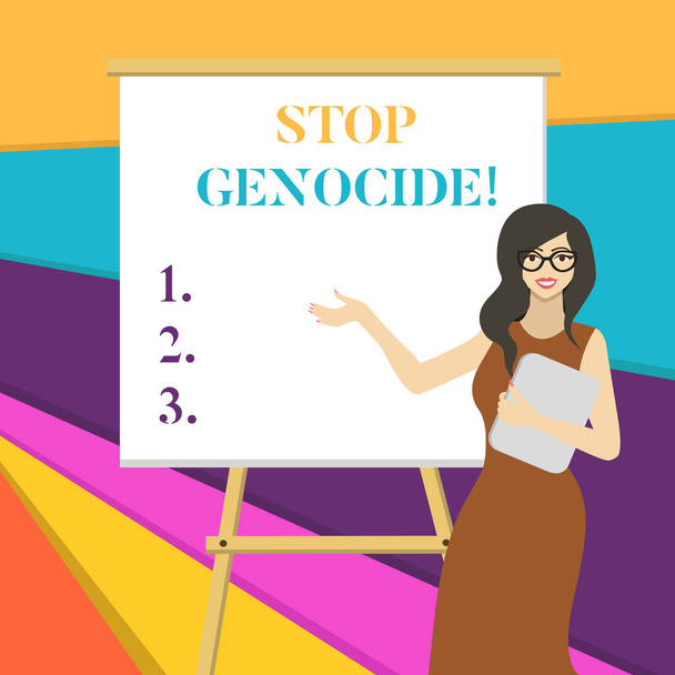 Szövegírási szöveg: "Állítsd meg a népirtást!" Üzleti koncepció, hogy vessen véget a gyilkosságok és atrocitások bemutató fehér nő szemüvegben álló üres Whiteboard on Stand bemutatása. - Fotó, kép