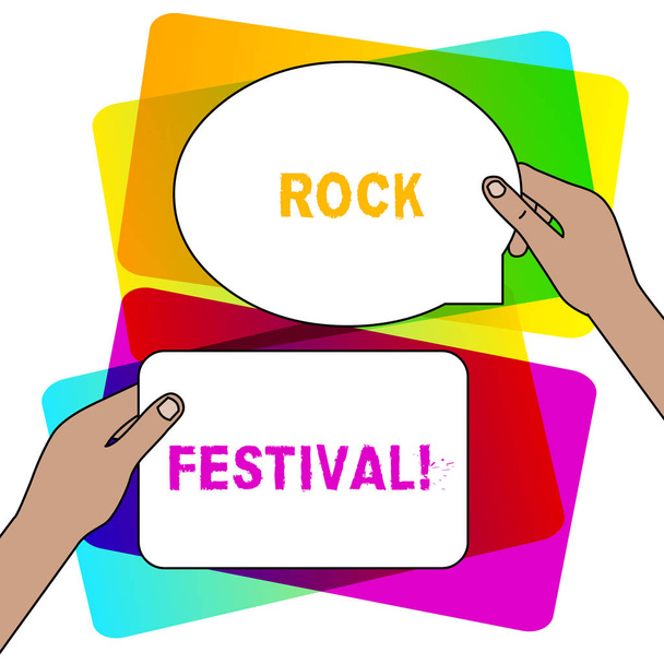 Pismo pisanie tekstu Rock Festival. Koncepcja rozumieniu largescale koncert muzyki rockowej featuring metali ciężkich gatunek dwa puste znaki tabletki trzymane w ręce jeden powyżej innych przestrzeni tekstowej. - Zdjęcie, obraz