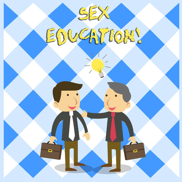 Handwriting text Sex Education. Concept meaning Instruction of issues relating to huanalysis sexuality and anatomy Two White Businessmen Colleagues with Brief Cases Sharing Idea Solution. - Photo, Image
