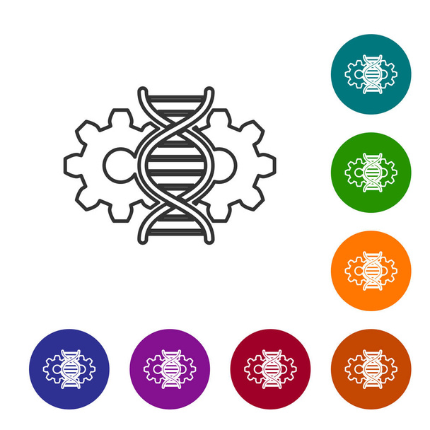 白い背景に分離された灰色のジーン編集ラインアイコン。遺伝子工学DNAの研究、研究カラーサークルボタンにアイコンを設定します。ベクトルイラストレーション - ベクター画像
