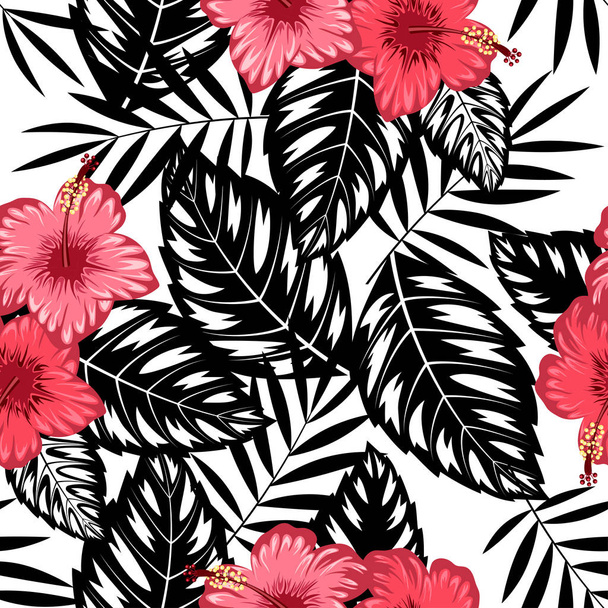 wzór hibiskusa i liści tropikalnych - Wektor, obraz